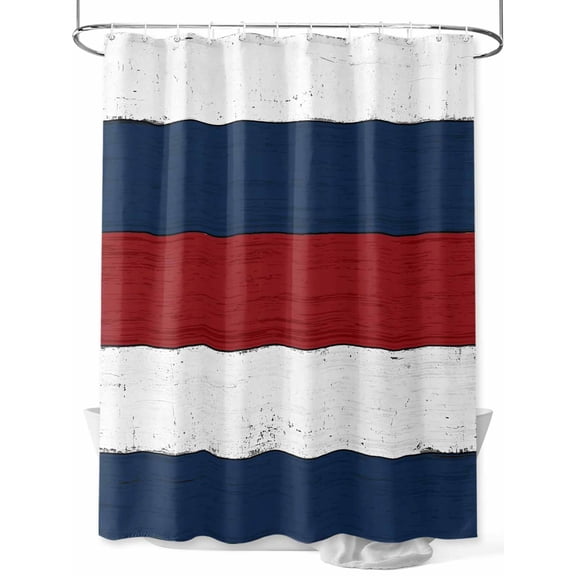 Fsddascl Red Navy Blue Stripe Shower Curtain Set - Long 72" x 84" Washable Bathtub Curtain with 12 Hooks, Retro Farmhouse Striped Vintage Waterproof Fabric Stall Shower Curtains for Bathroom/Bathtub