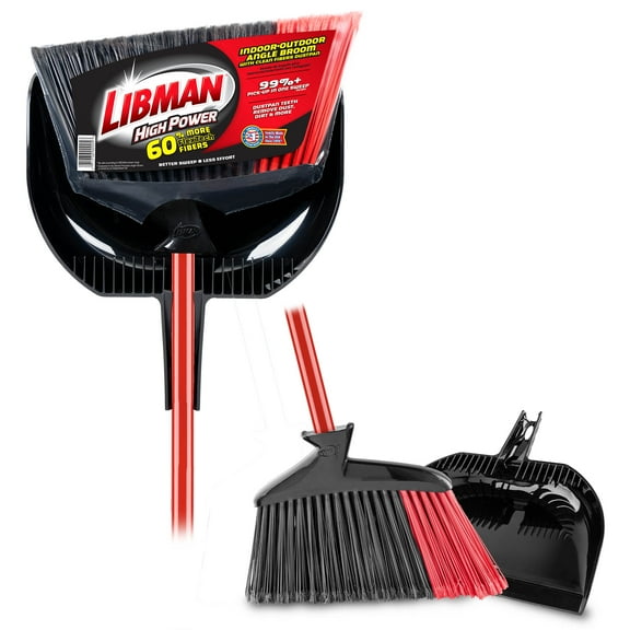 Libman High Power Angle Broom and Dustpan Red Steel Handle and Black Fibers