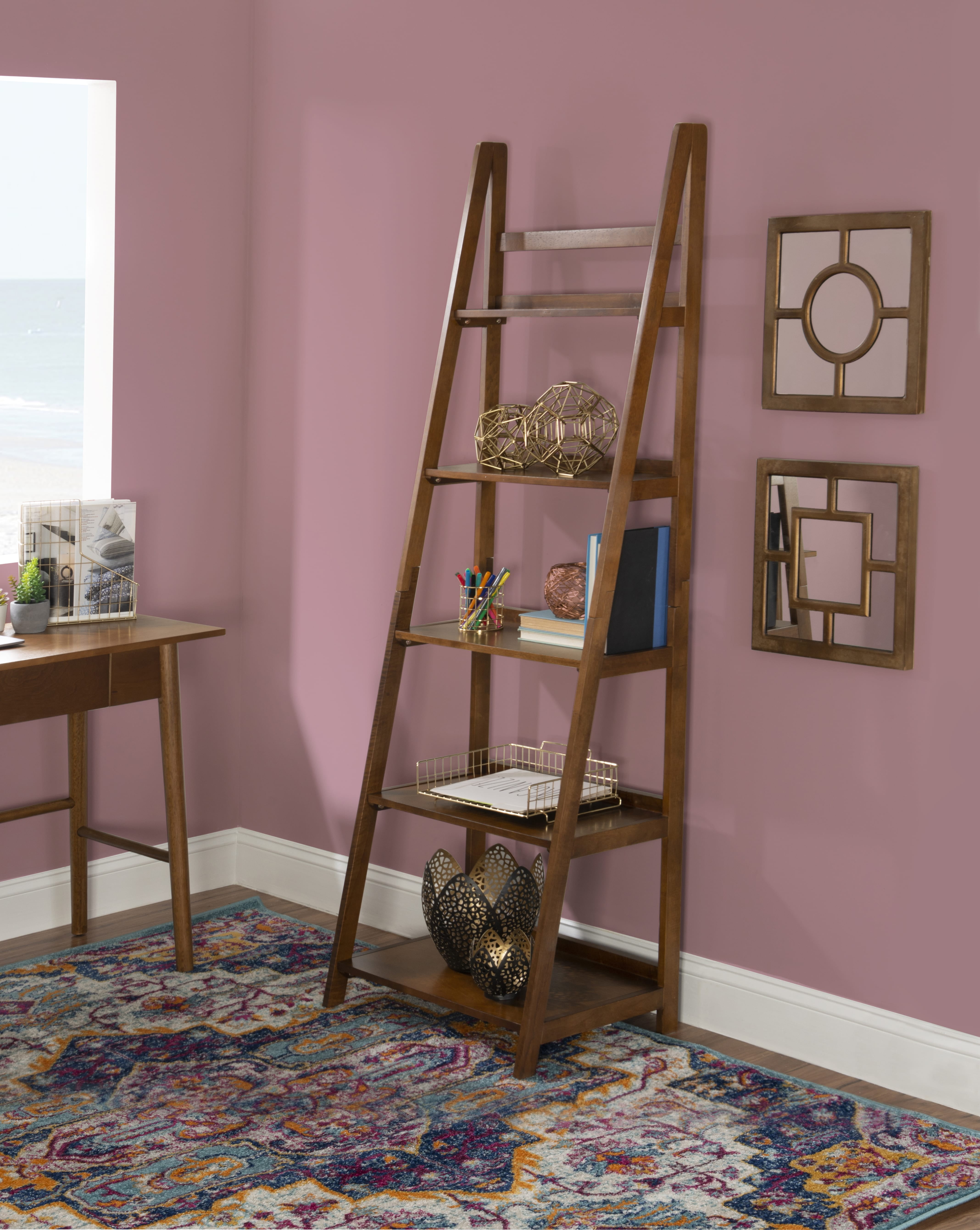 Linon Ashville 5-Shelf Ladder Bookcase, Walnut