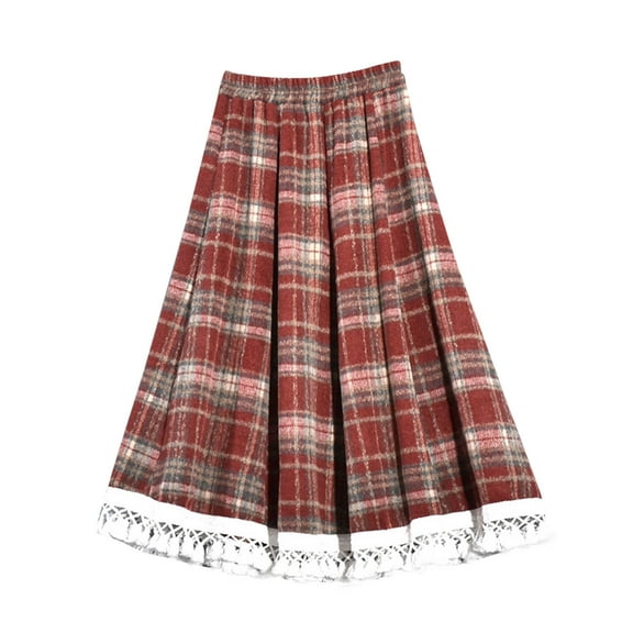Flannel Skirts for Women Fall Winter Plaid Skirts Elastic High Waisted A-Line Long Skirt Lace Tassels Skirts One Size