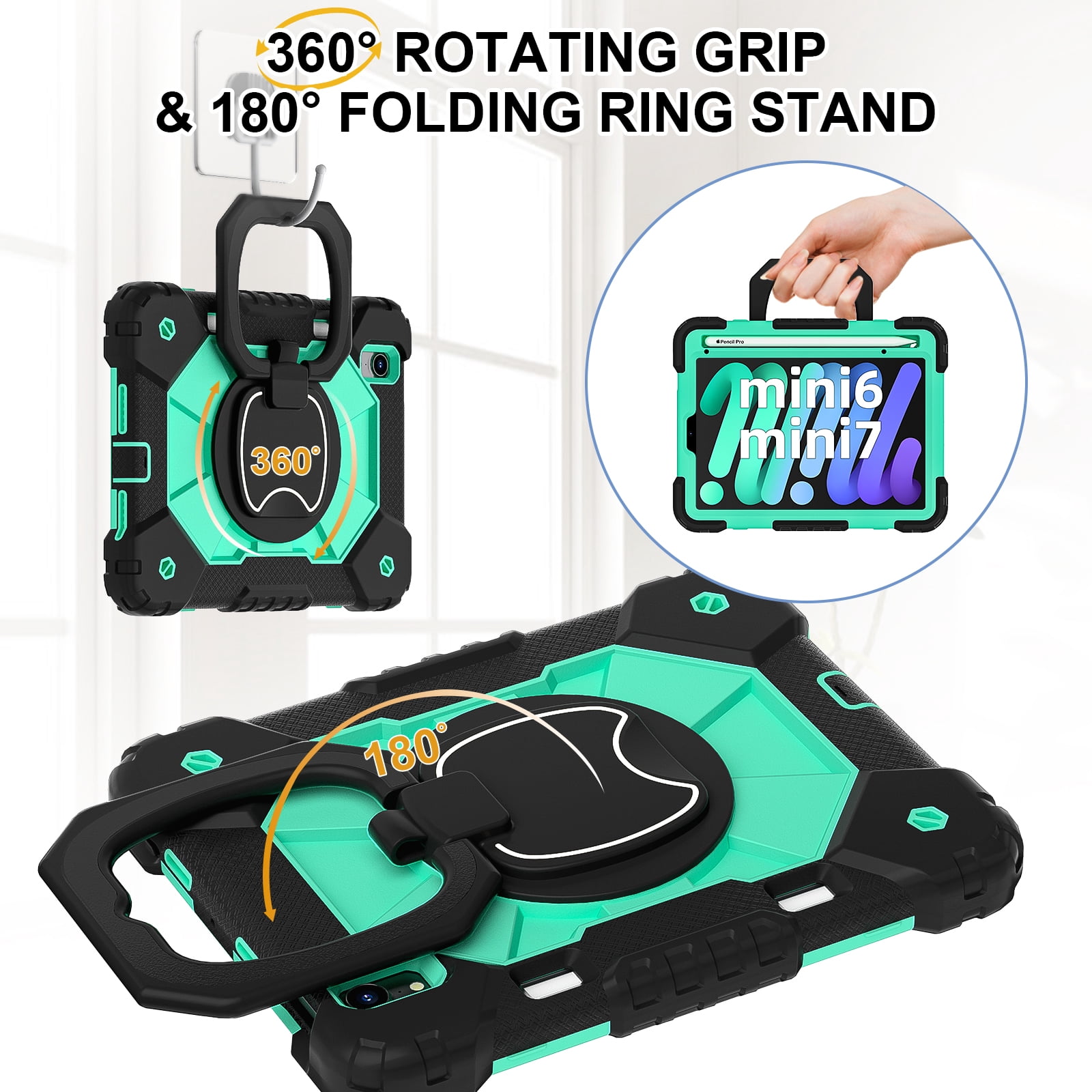 Dteck Case for iPad Mini 7 (A17 Pro) 2024/ Mini 6 8.3" with Screen Protector Soft TPU Film Pencil Holder 360 Rotating Hand Grip Stand,Drop-Proof Case for iPad Mini 7th/6th Generation 8.3",Black Mint