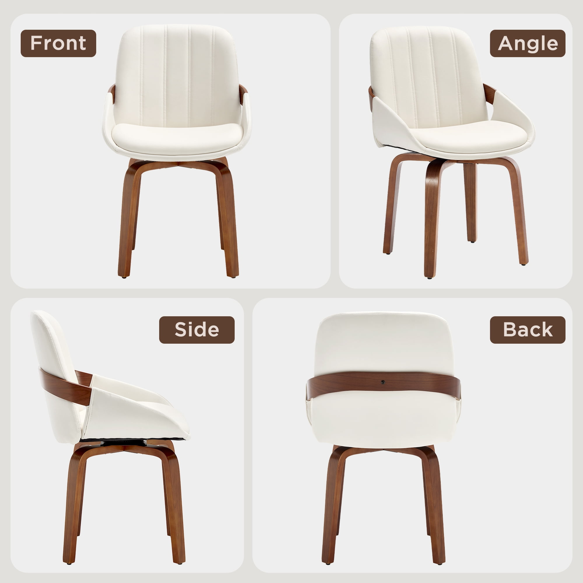Fahomiss Swivel Dining Chairs Set of 2, Mid-Century Modern White Leather Kitchen Chairs with Bentwood Legs