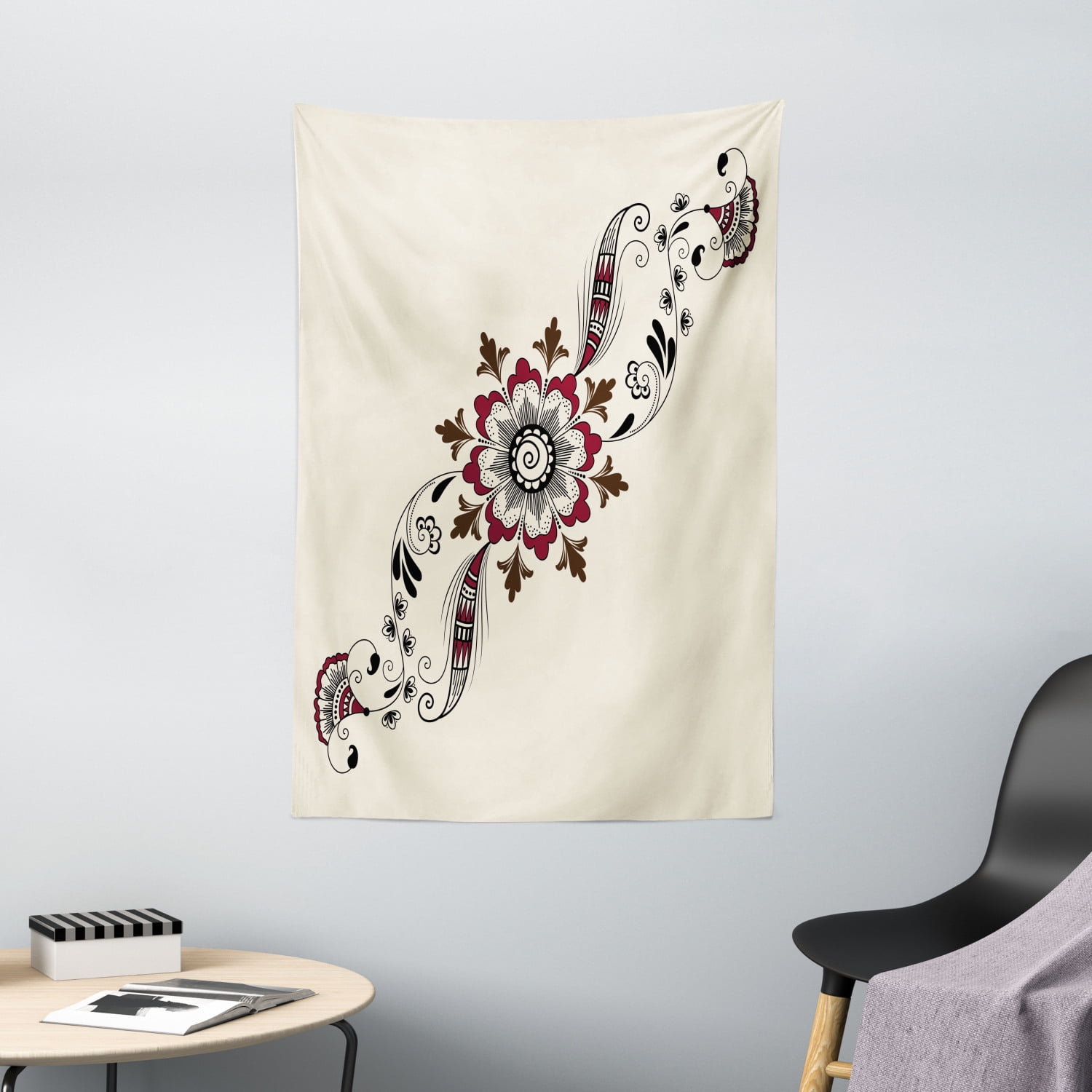 Henna Tapestry, Colorful Floral Pattern Asian Mehndi Arrangement Nature