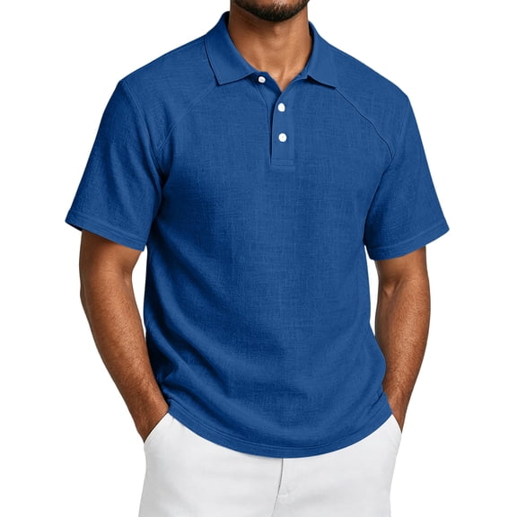 Fabrcox Men Polo Shirts Short Sleeve Collared Henley Men's Linen Shirts Breathable Relaxed Fit Outdoor Vacation Athletic Golf Shirts for Men Blue XXL