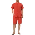thumbnail image 1 of Conjuntos de lino para hombres INSPIRE CHIC, camisa de cuello band con botones y mangas cortas, pantalones cortos de playa sólidos XL color rojo ladrillo, 1 of 6