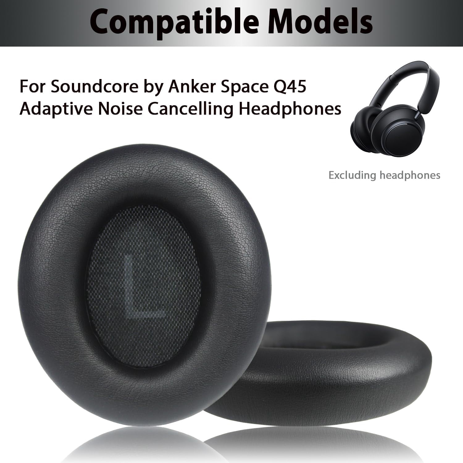 HRTGFD-Replacement Ear Pads for Anker Space Q45 Headphones, Ear Cushions for Soundcore by Anker Space Q45 Adaptive Noise Cancelling Headphones,with Buckle, Soft Protein Leather, Memory Foam(Black)