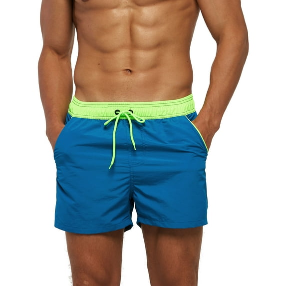 Frontwalk Mens Swimwear High Waist Boardshorts Solid Color Swimsuit Men Breathable Beach Pants Drawstring Bathing Suit Peacock Blue Fluorescent Green M