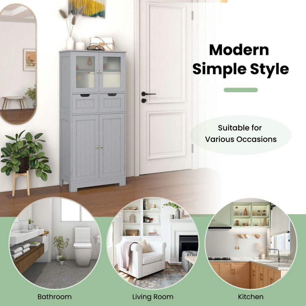 Finihen Bathroom Storage Cabinet, Bathroom Floor Cabinet, 4 Door Freee-Standing Bathroom Cabinet with 2 Drawers and Glass Doors, for Bathroom, Living Room, Bedroom, Kitchen, Gray Finihen Bathroom Storage Cabinet, Bathroom Floor Cabinet, 4 Door Freee-Standing Bathroom Cabinet with 2 Drawers and Glass Doors, for Bathroom, Living Room, Bedroom, Kitchen, Gray
