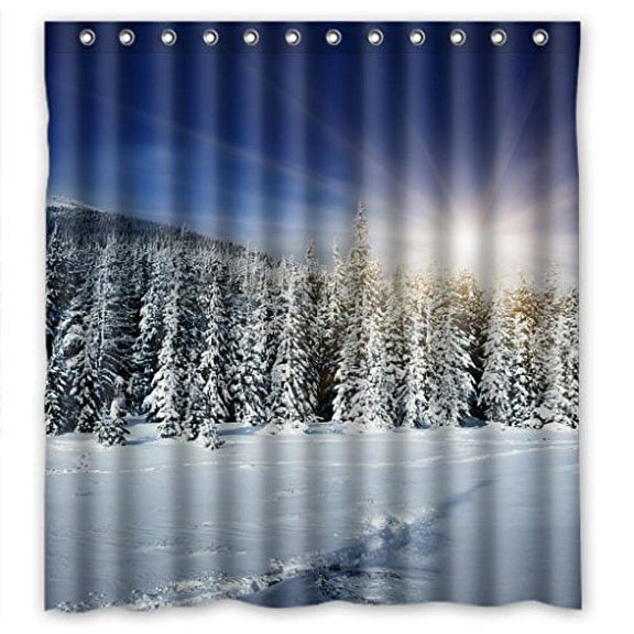 HelloDecor Christmas Tree Snow Mountain Bright Sunshine Shower Curtain Polyester Fabric Bathroom Decorative Curtain Size 66x72 Inches