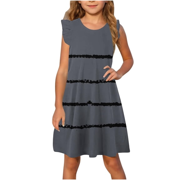 SGFCWSX Girls Ruffle Sleeve Dress Striped Crew Neck A-Line Casual Summer Dresses for Kids Gray Size 5-6 Years