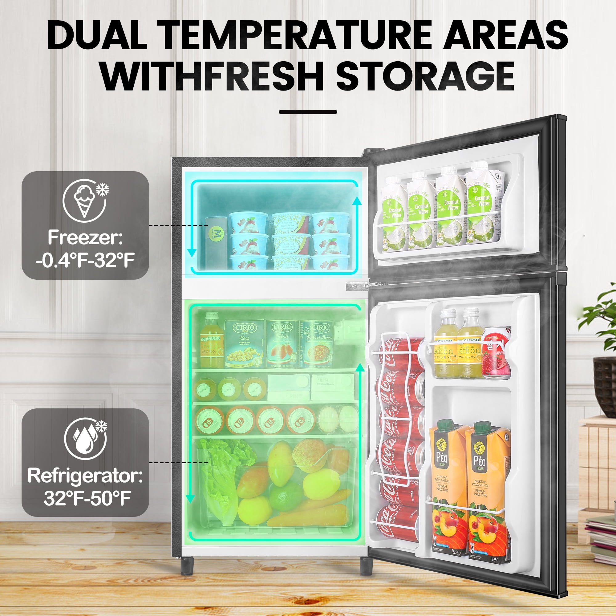 WANAI Small Refrigerator with Freezer 3.5 Cu.Ft Mini Fridge with Freezer on  Top Double Door Small Fridge for Bedroom Dorm Room College Office Black