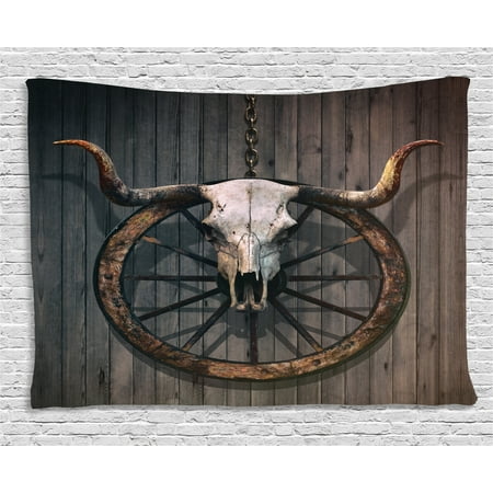 Barn Wood Wagon Wheel Tapestry Long Horned Bull Skull And Old