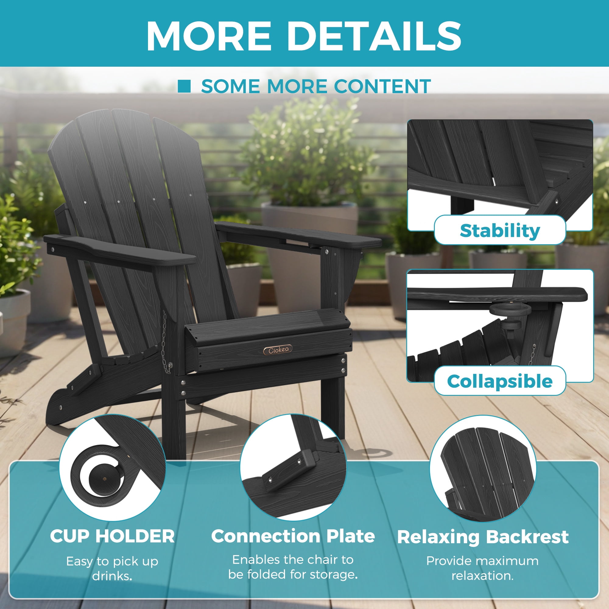 Ciokea Wood Adirondack Chair Folding Outdoor Patio Chairs Fire Pit with Cup Holder Pool Porch Garden Black