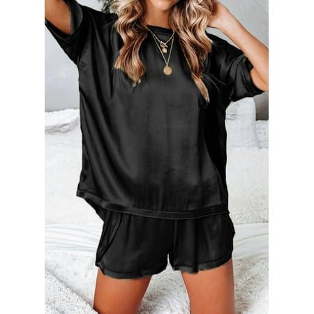 

PhoneSoap Pajamas Women s Solid Color Pocket Top Loose Short Sets Black