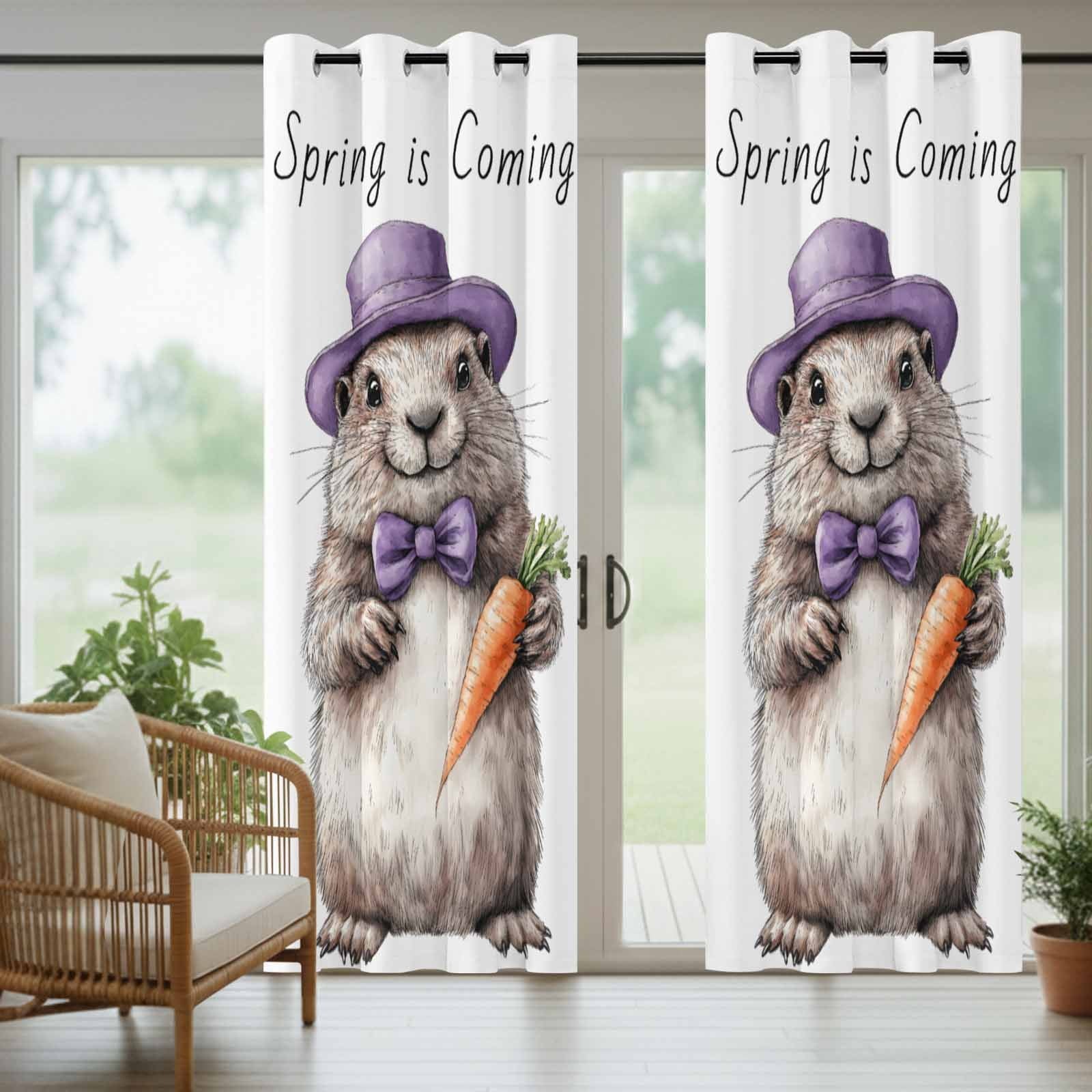 Outdoor Curtains for Patio Waterproof, Groundhog Day Windproof Pravicy Outside Porch Blackout Curtain, Spring Cute Grey Animals Carrot Sun Blocking Grommets Curtains for Cabana Gazebo 54"x108"