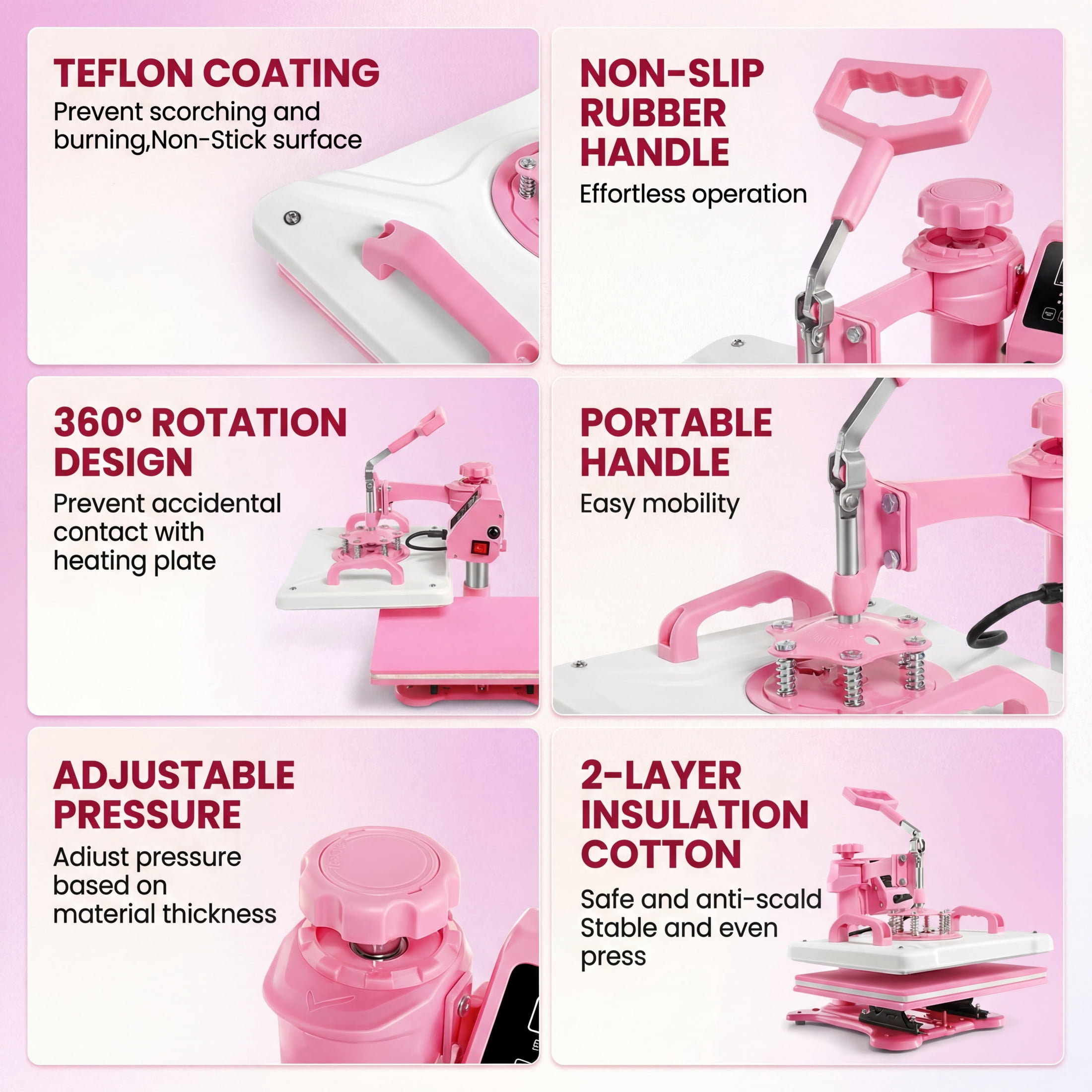 Adnoom Heat Press Machine 12x15 8 in 1 Combo, 900W Digital Heat Press 360° Swing Away, Sublimation Heat Transfer Machine for Tshirt Plate Cap Mug, Pink