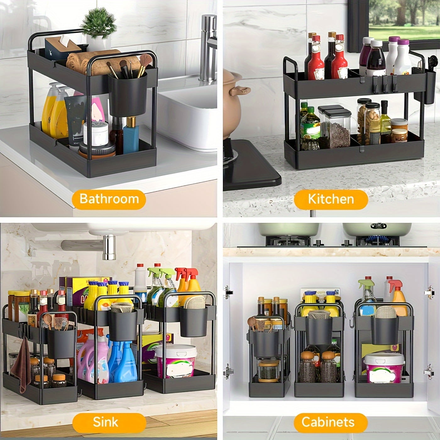 3-Pack Under Sink Storage Organizer, 2-Tier Multipurpose Shelf with Sliding Drawers, Cabinet Organizer for Kitchen and Bathroom, Black