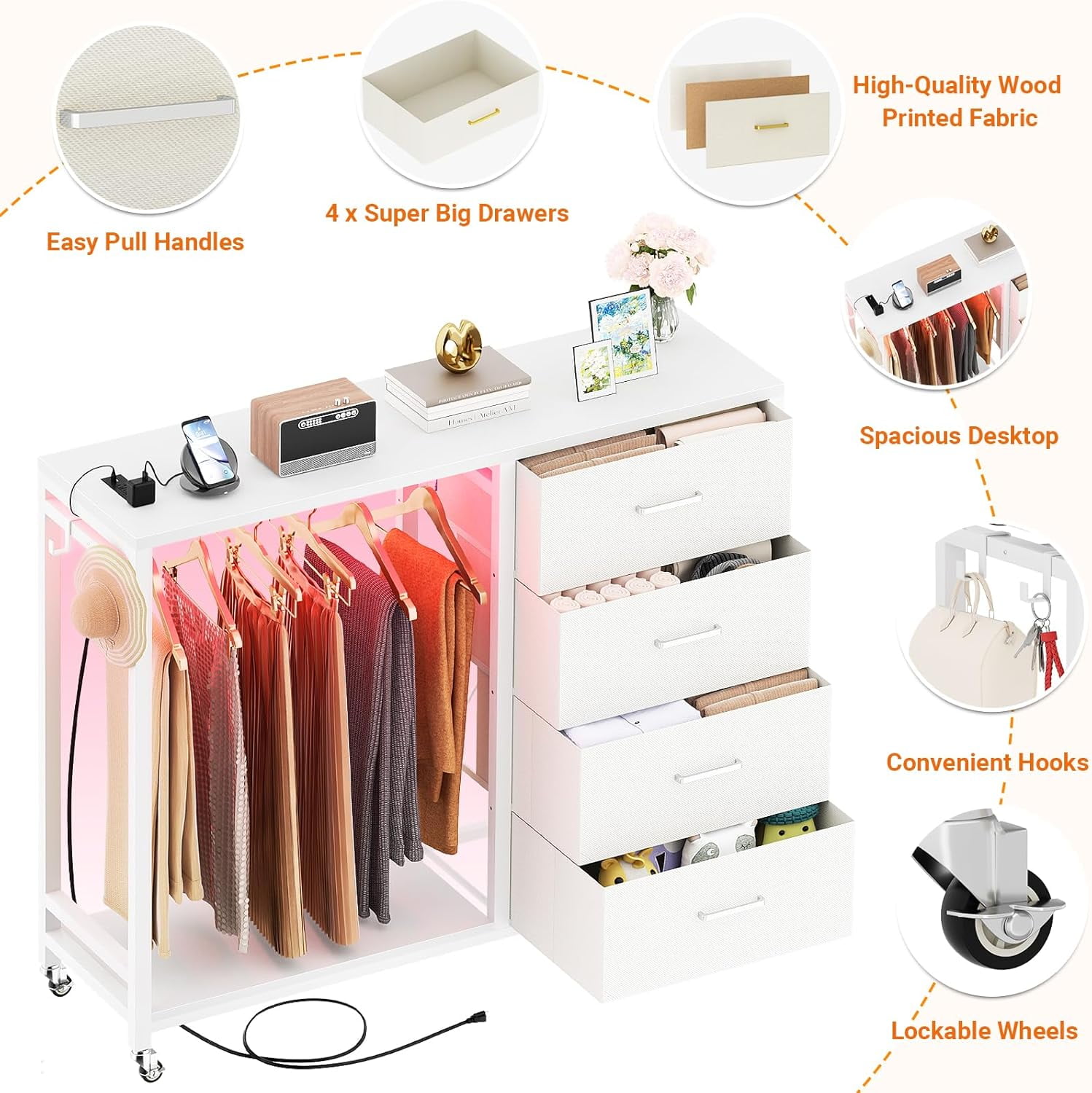 Homieasy Dresser with Hanging Rack & 4 Drawers, Dresser with Clothes Rack for Bedroom with LED Lights, Charging Staion, Storage Chest with Wheels, White