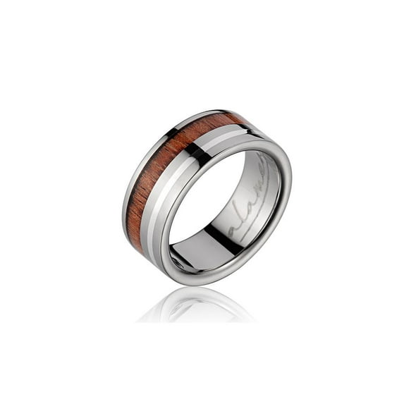 Genuine Hawaiian koa wood wedding band ring titanium sterling silver border 8mm size 13.5