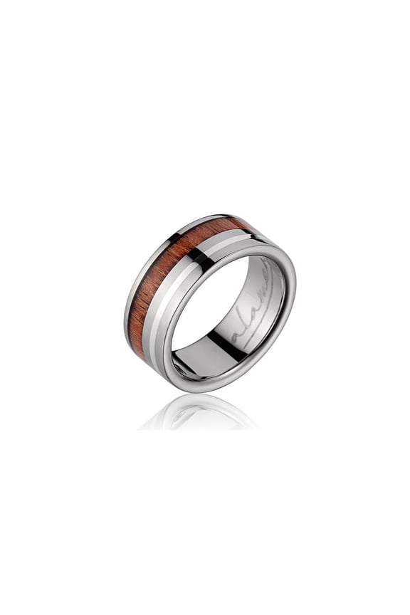 Genuine Hawaiian koa wood wedding band ring titanium sterling silver border 8mm size 13