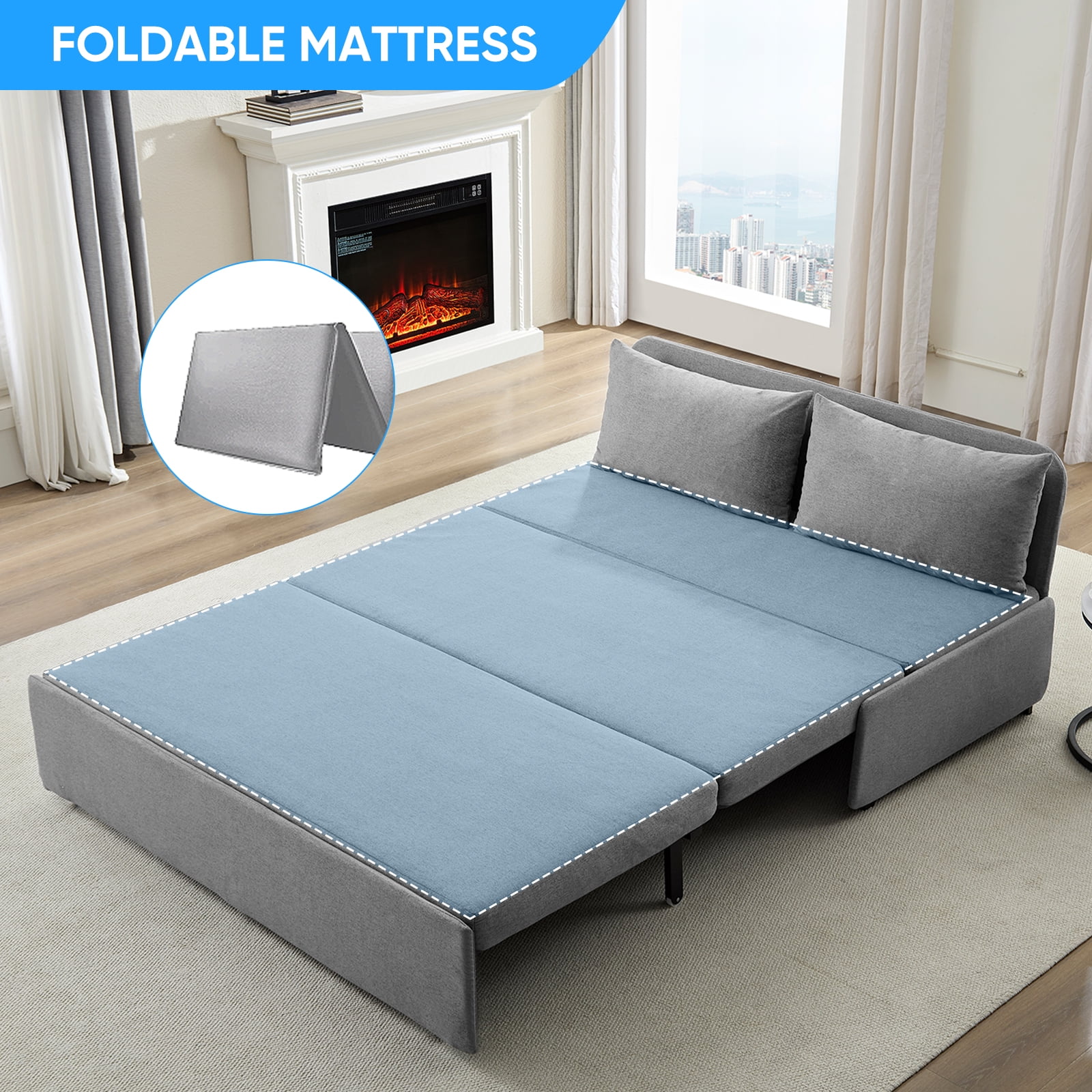 BALUS 62" Linen Queen Size Pull Out Sofa Bed Include 2 Pillows,Convertible Loveseat Sleeper Sofa with Foldable Mattress,Light Gray