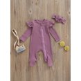 thumbnail image 2 of Xingqing Newborn Baby Girl Fall Clothes Solid Color Ribbed Long Sleeve Zip-Up Footed Romper + Headband Set, 2 of 7