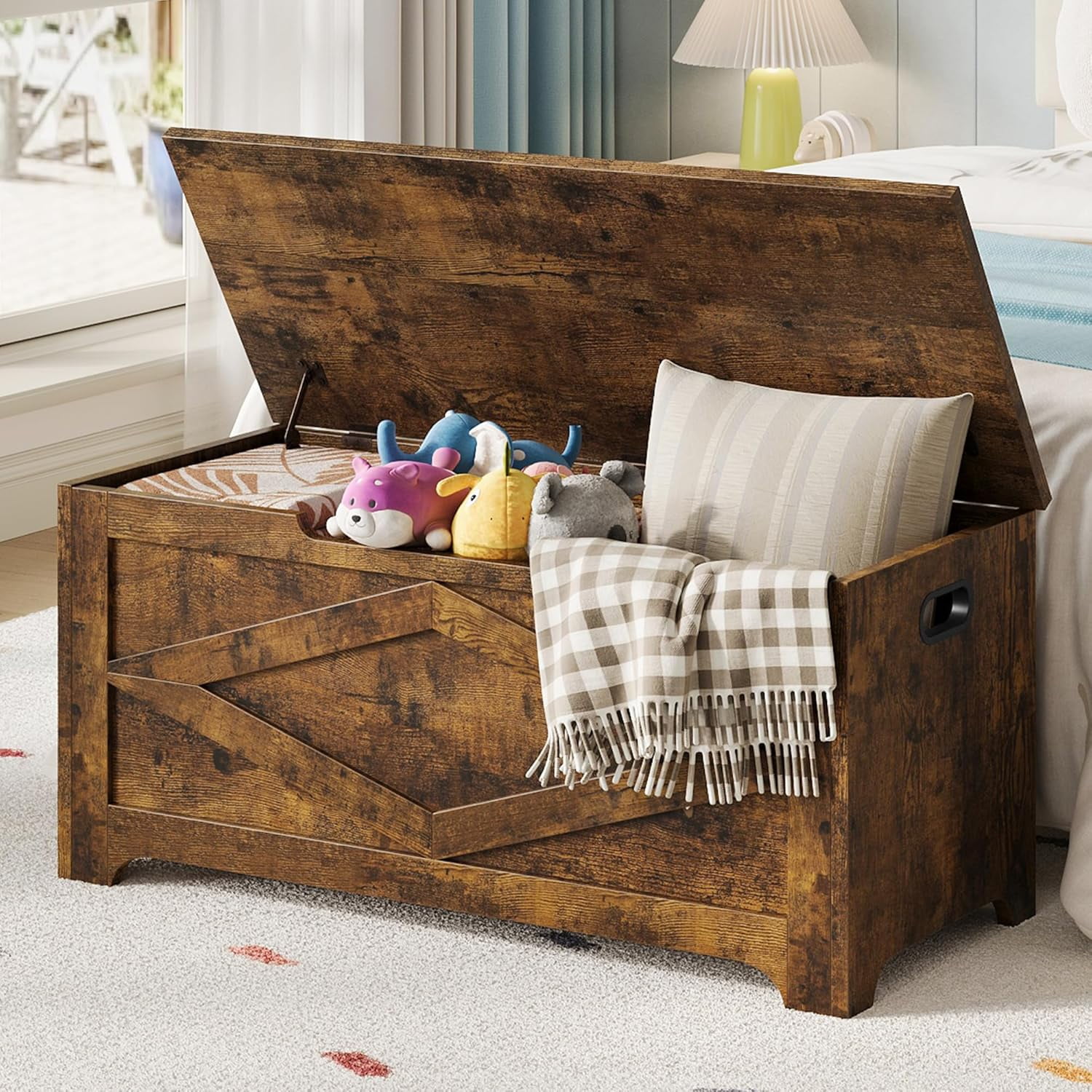 39.4" Storage Chest, Wooden Storage Bench with Safety Hinges, Easy Assembly, Large Toy Chest for Entryway, Living Room, Bedroom