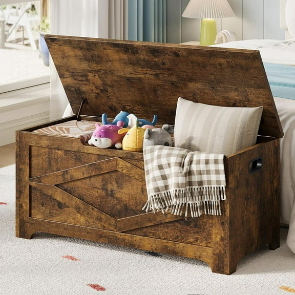 Garvee 39.4" Wooden Storage Chest with Safety Hinges, Large Storage Bench and Toy Box for Entryway, Living Room, or Bedroom, Easy to Assemble, Brown