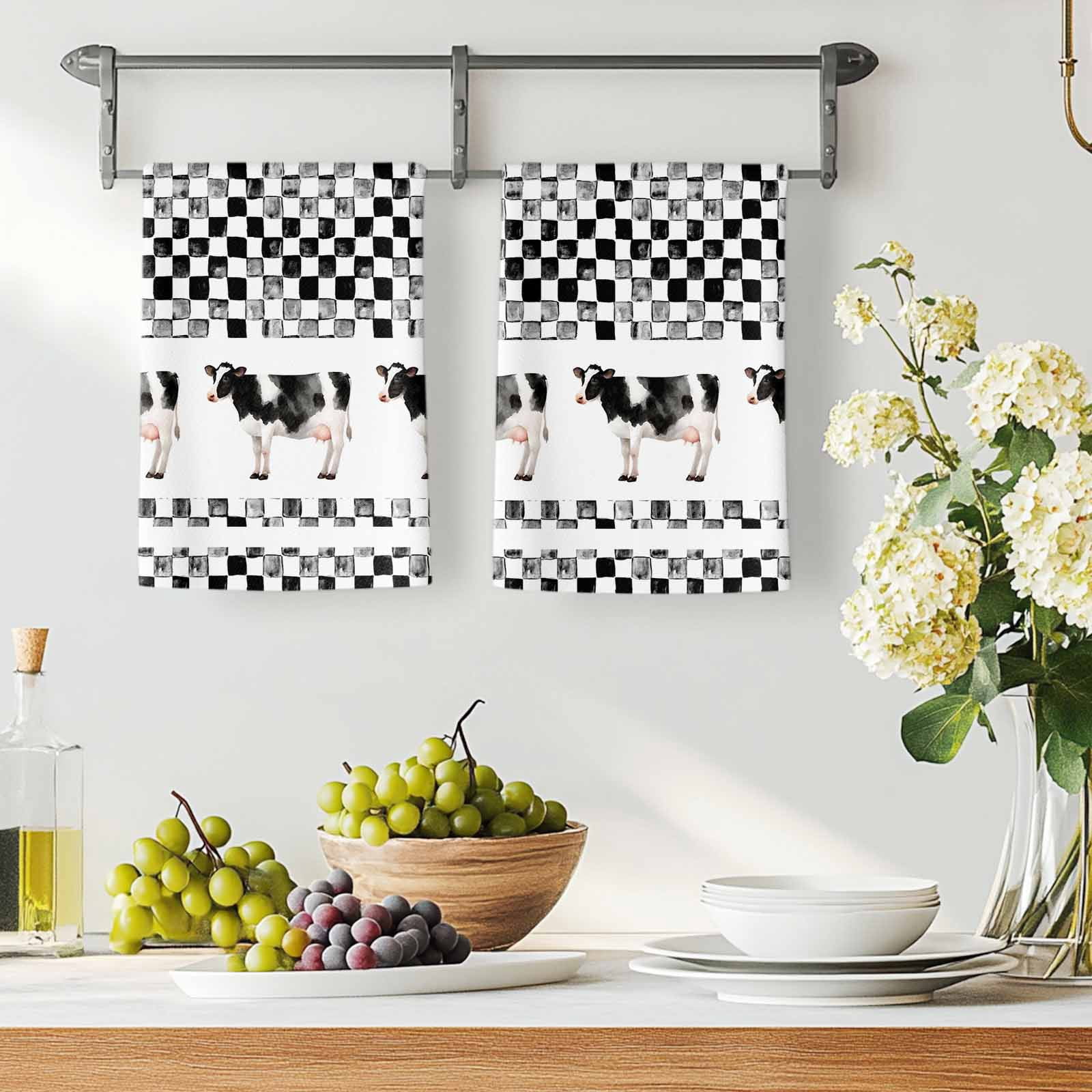 Black Plaid Farmhouse Kitchen Towels Set of 1, Watercolor Cute Country Cow Checkered Absorbent Dish Towels for Kitchen, Microfiber Hand Towel, Quick Drying Tea Towel for Cleaning Dishcloths