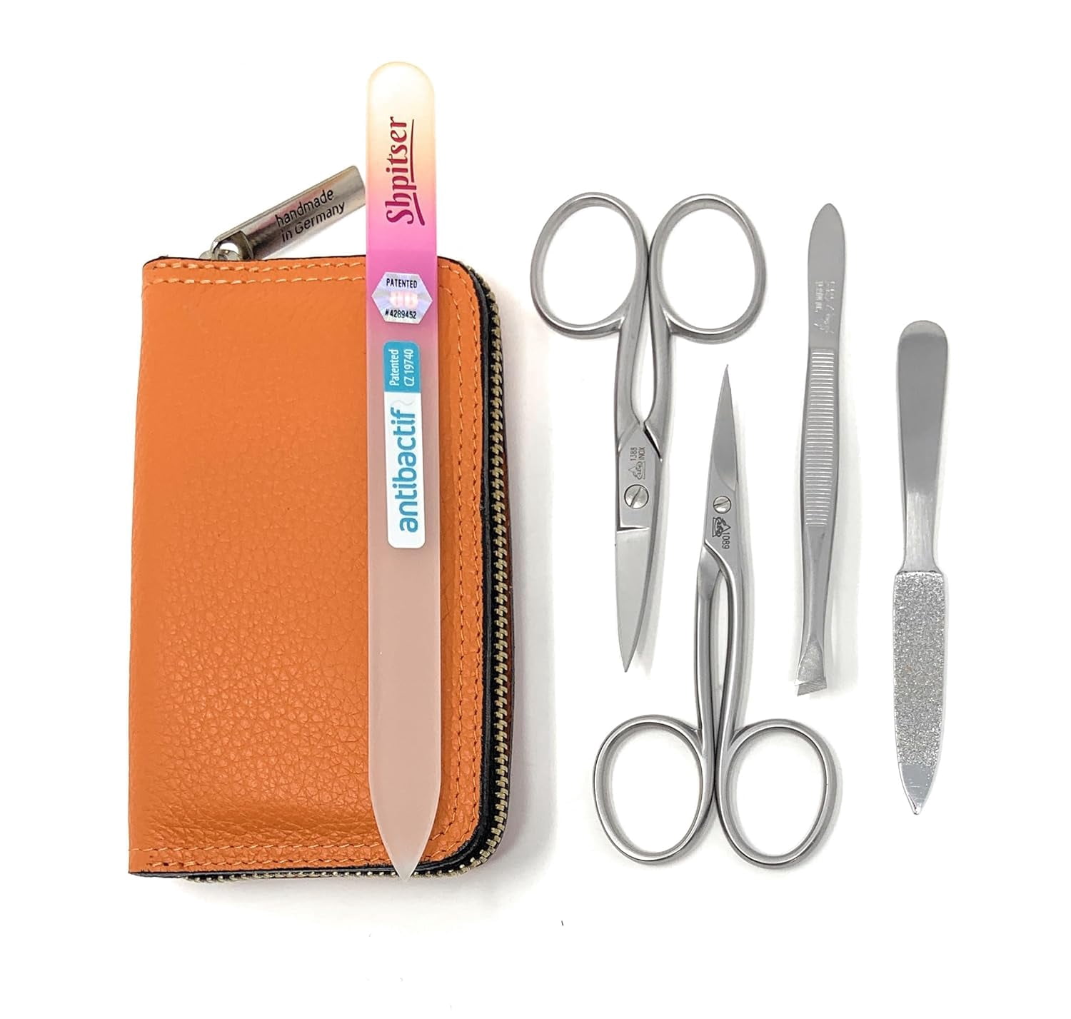 Erbe Solingen 4 pcs Surgical Stainless Steel German Manicure Set Grooming Kit In Luxury Genuine Leather Case Made in Solingen Germany With BONUS: SHPITSER Crystal glass Nail File