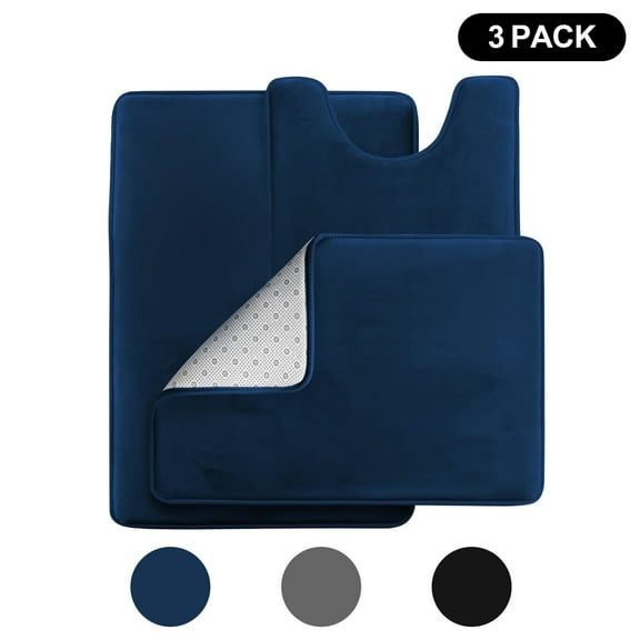 Semfri 3-Piece Bathroom Rug Set Velvet Memory Foam Bath Mat and Contour Rug Absorbent Fast Drying Navy Blue