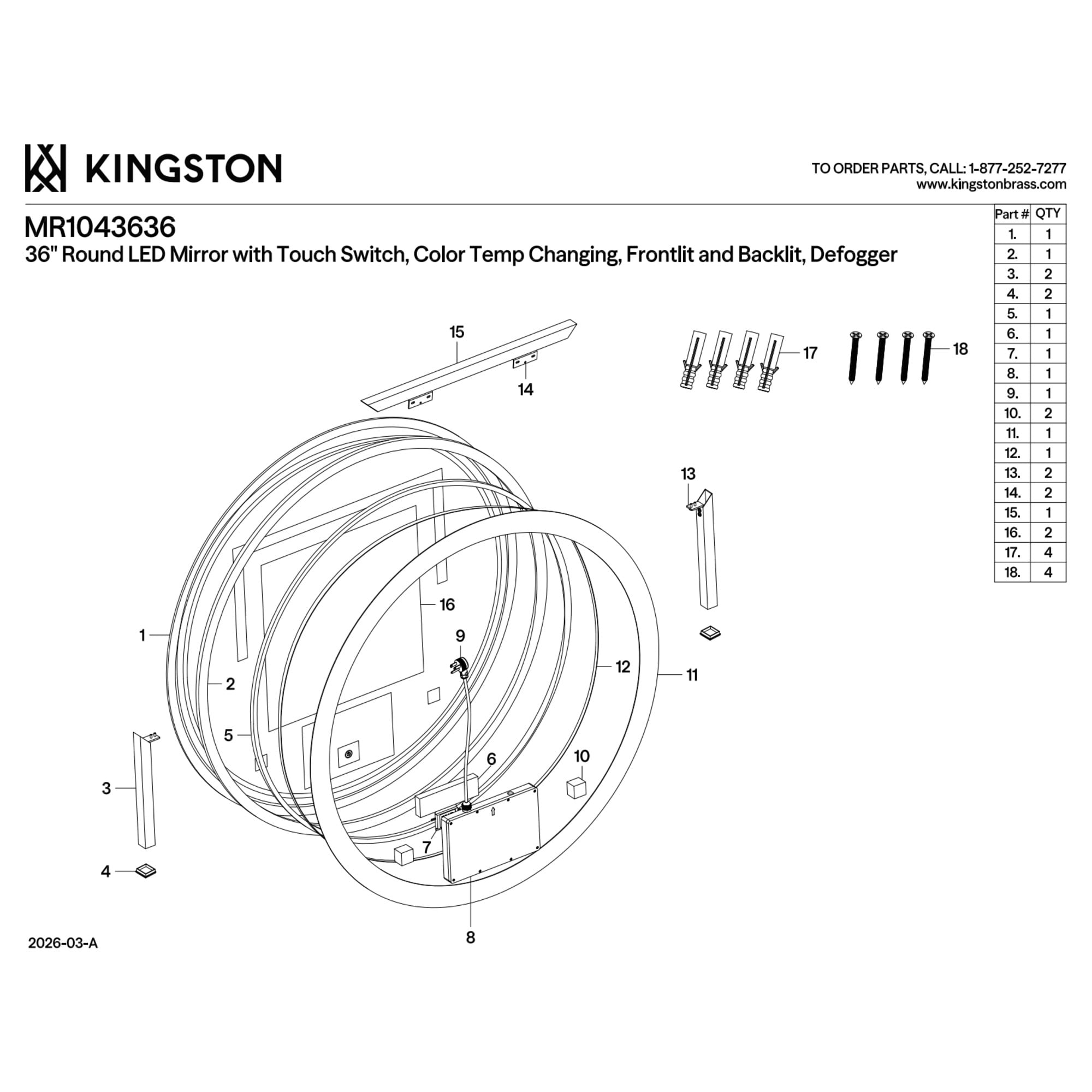 Kingston Brass MR1043636 Aurora 36-Inch Round LED Bathroom Mirror, Front and Back Light, Anti-Fog, Dimmable Touch Sensor Lighted Mirror in Silver