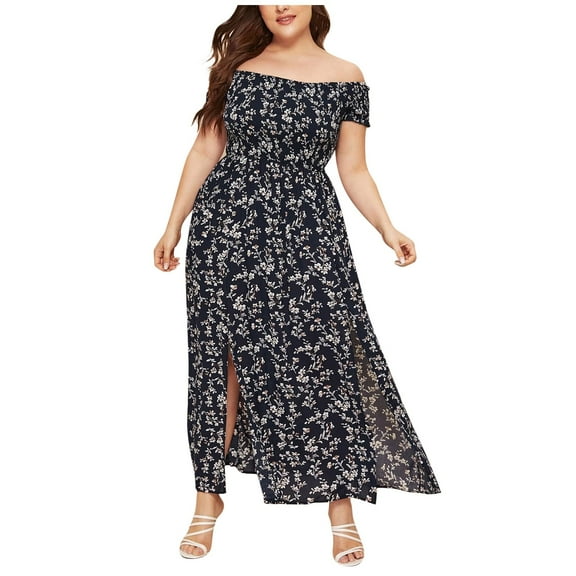 AOOCHASLIY Summer Dresses for Women Women Plus Size Plus Off Shoulder Shirred Bodice Split Thigh Ditsy Floral Dress