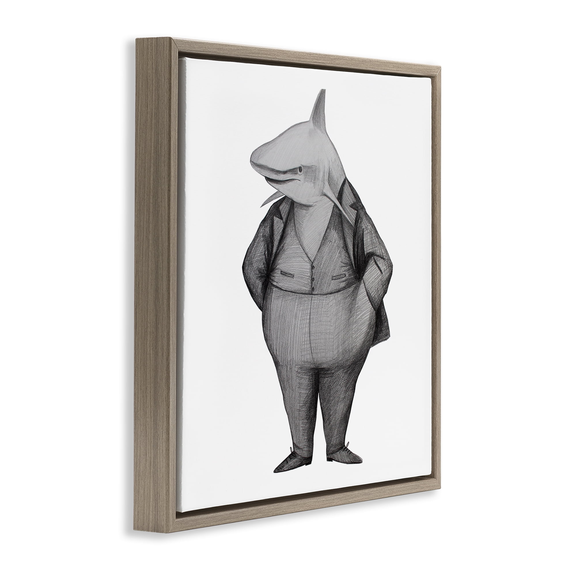 Stupell Industries Shark In Suit Drawing Brown Framed Floater Canvas Wall Art, design by Violeta Vollmer