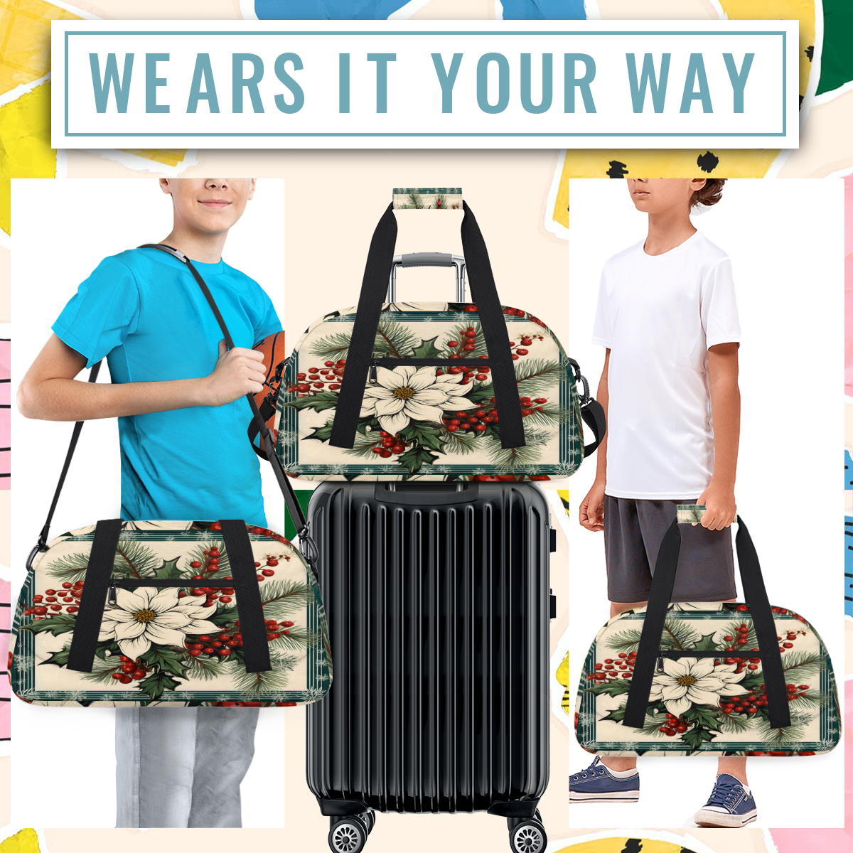 Herdesigns Sports Duffle Bags Travel Duffle Bag Gym Bag Vintage Flower Christmas Theme Weekender Travel Bag Waterproof Overnight Bag Carry On Travel Tote Bag Dance Bags