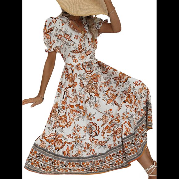 Vestido Informal, Fluido, con Estampado Floral Bohemio y Mangas Abullonadas para Mujer (Verano 2025) Color Naranja XXL