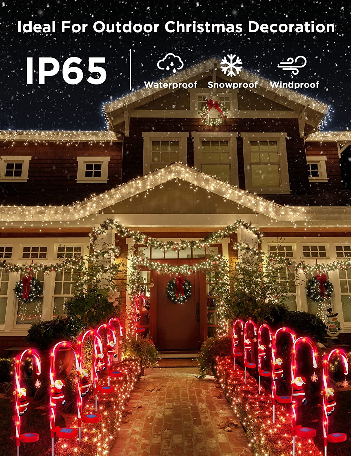 2 Packs Solar Christmas Decorations Candy Cane Lights Xmas Pathway Markers Outdoor Decor Stake Snowflow