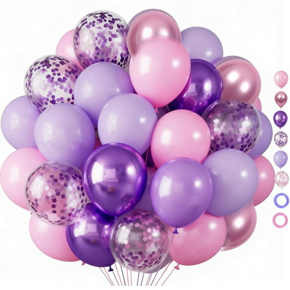Metallic Purple Pink Latex Balloons, 65 Pcs 12 Inches Pink Purplee Balloon Arch Garland Kit for Valentine's Day, Girls Birthday Baby Shower Wedding Decorations
