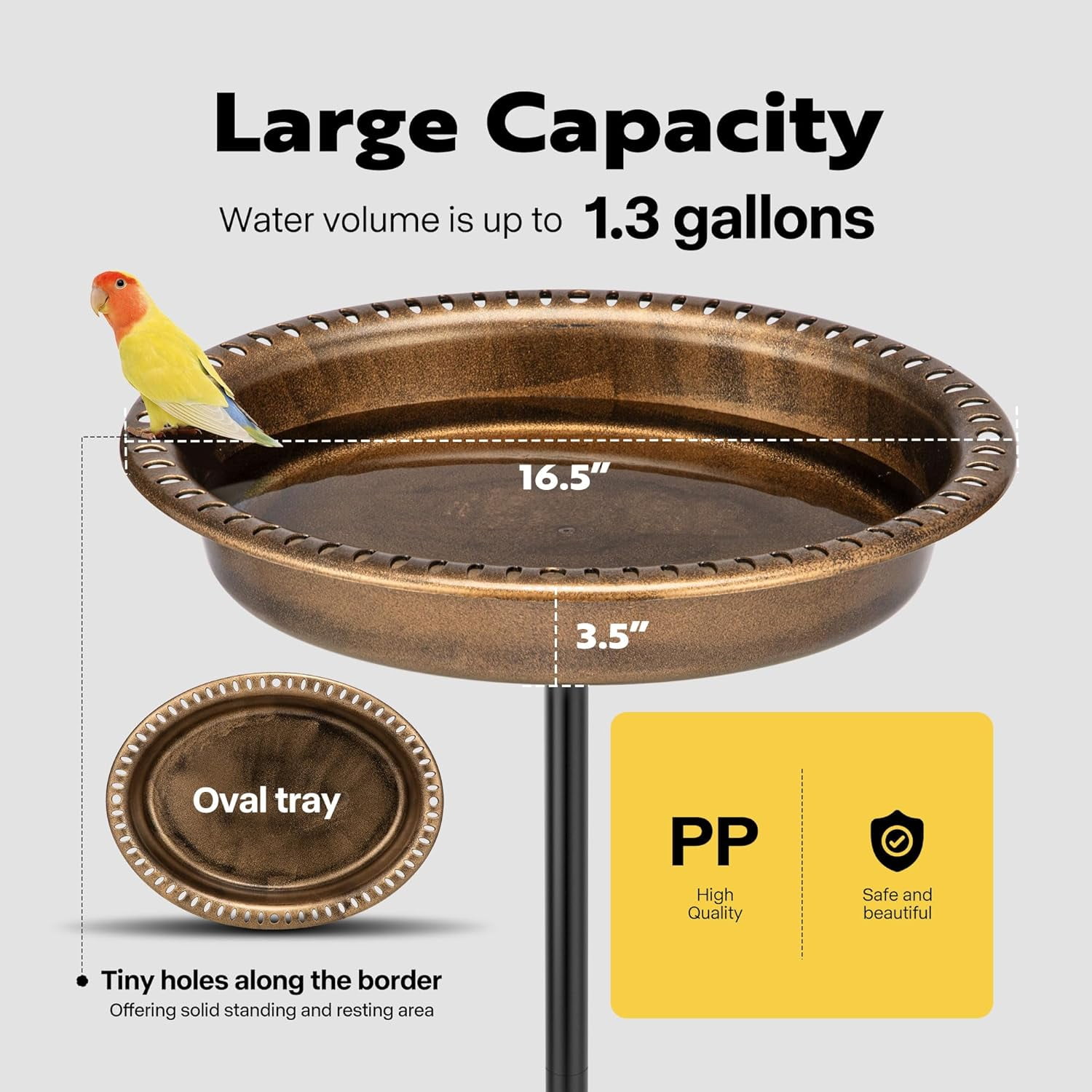SPECSTAR Bird Bath, Oval Polyresin Birdbath Bowl with Metal Stake, 29 inch Height Outdoor Freestanding Birdfeeder, 1.3 Gallons, 5-Pronged Base, Copper
