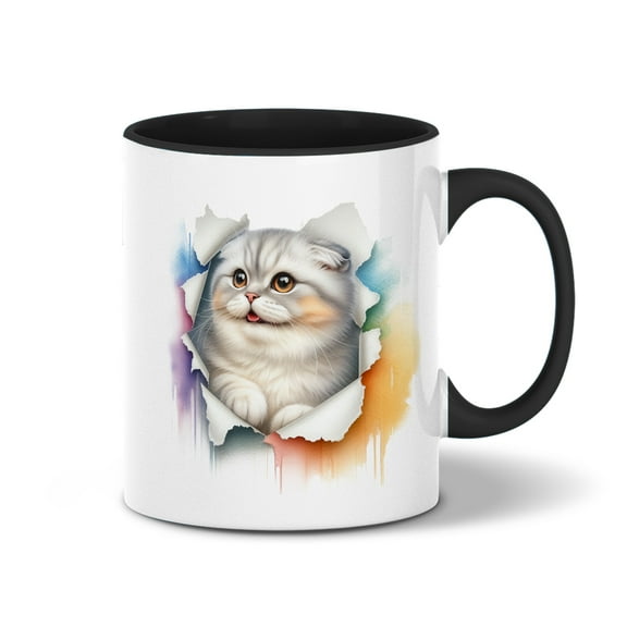 Funny Watercolor Adorable Scottish Fold Peeking Through Torn Paper Effect 11oz Accent Two-tone Mug Cat Lover Kitten Owner Gifts Coffee Tea Cup - 00026
