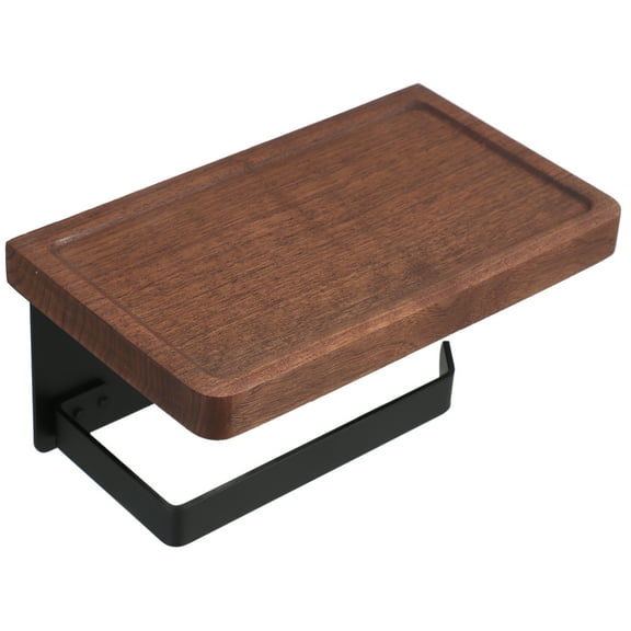 Bathroom Paper Towel Holder with Shelf for Storing Small Items in Coffee Color Wood and Stainless Steel 7.5 Inches Wide