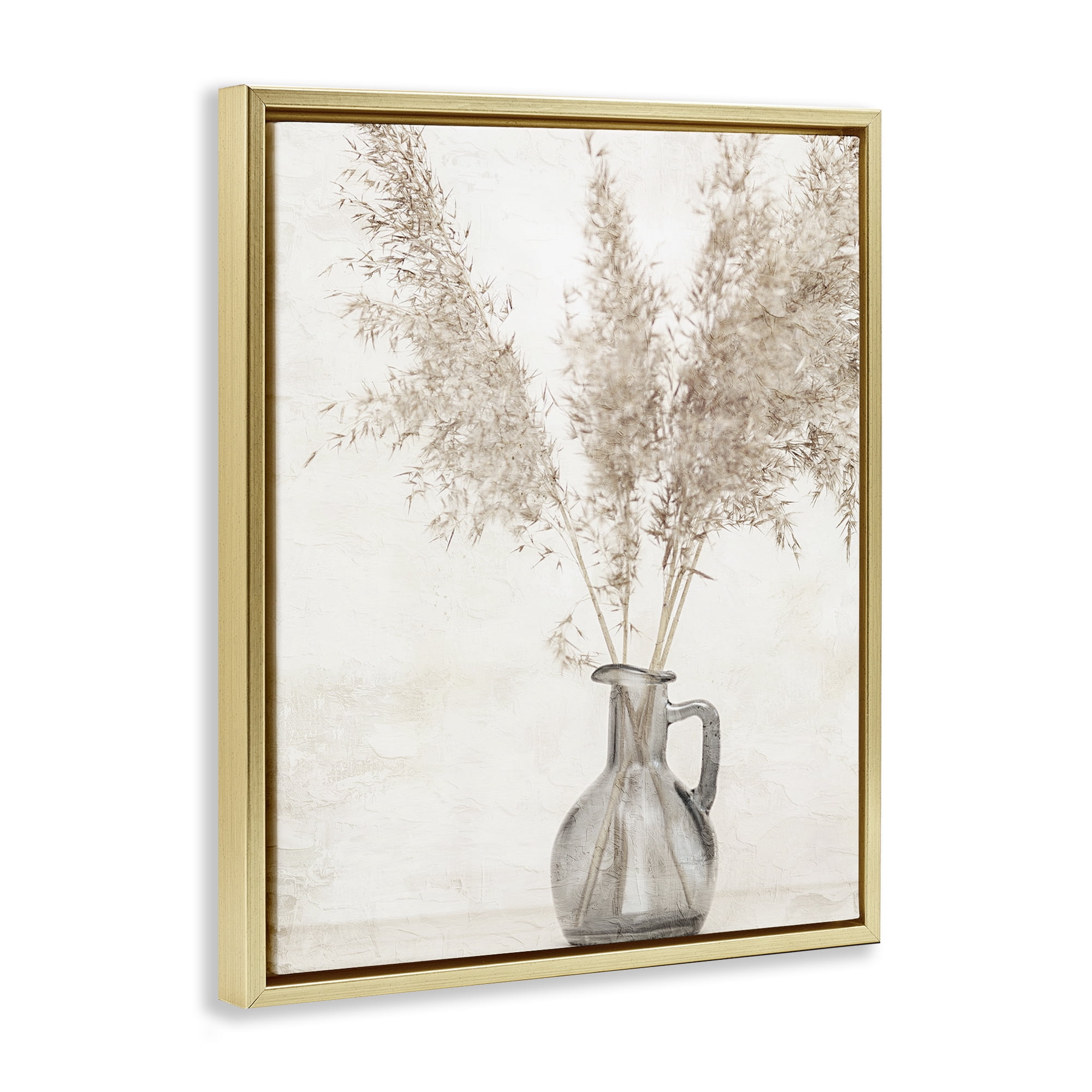 Stupell Industries Organic Pampas Vase Botanical & Floral Painting Gold Floater Framed Art Print Wall Art, 25 x 31