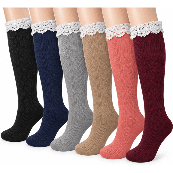 Sumona 6 pairs women cable knit winter wool knee high boot socks With lace