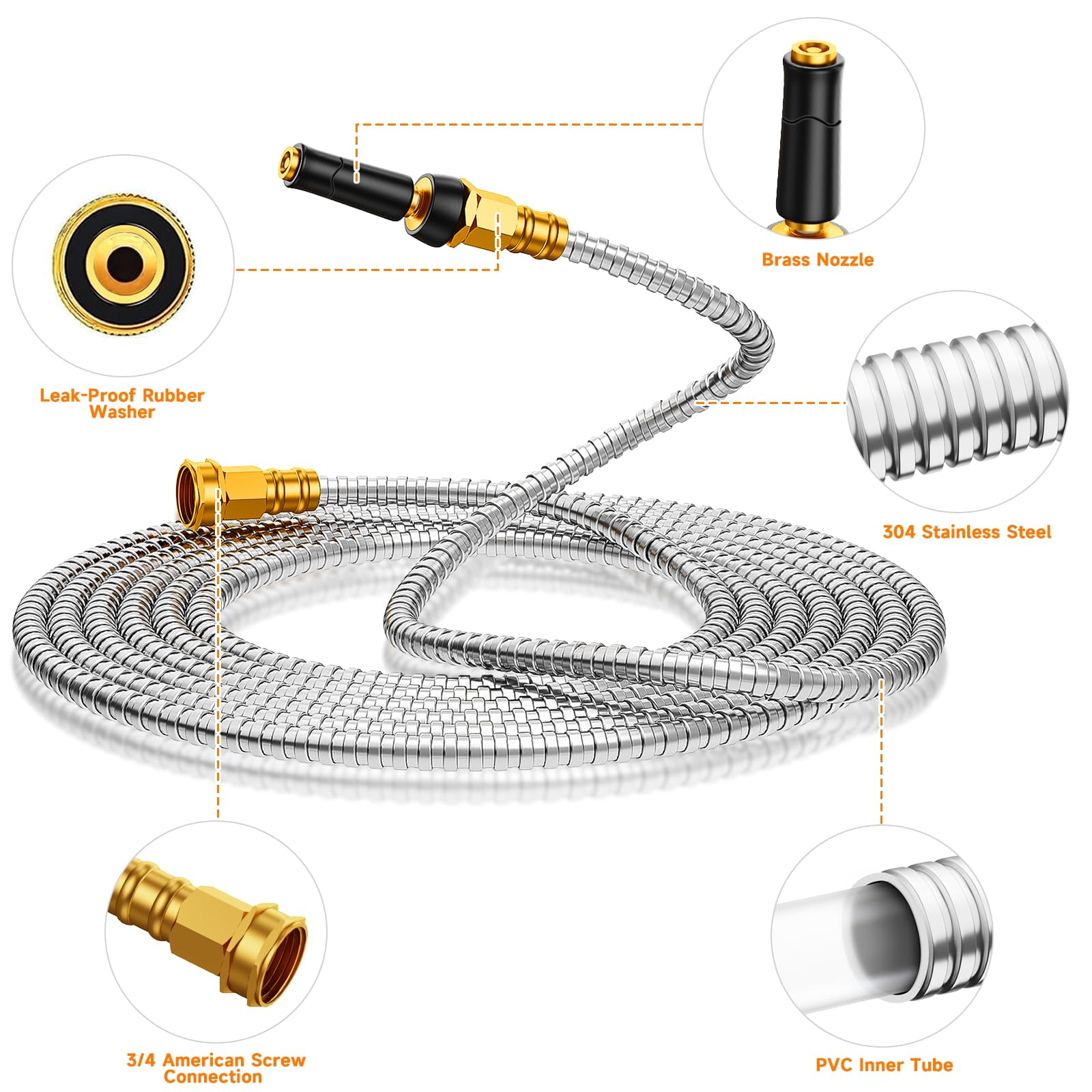 Expandable Metal Garden Hose 50 Ft - 304 Stainless Steel Water 50 Lightweight Non Kinking Flexible  No Bite
