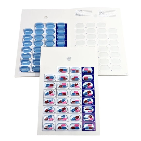 100 Pack Monthly or Weekly Cold Seal Medication Blister Pack System Cards - One Piece Unit Dose Book Fold, Easy No Extra Equipment Needed, Just Fill and S
