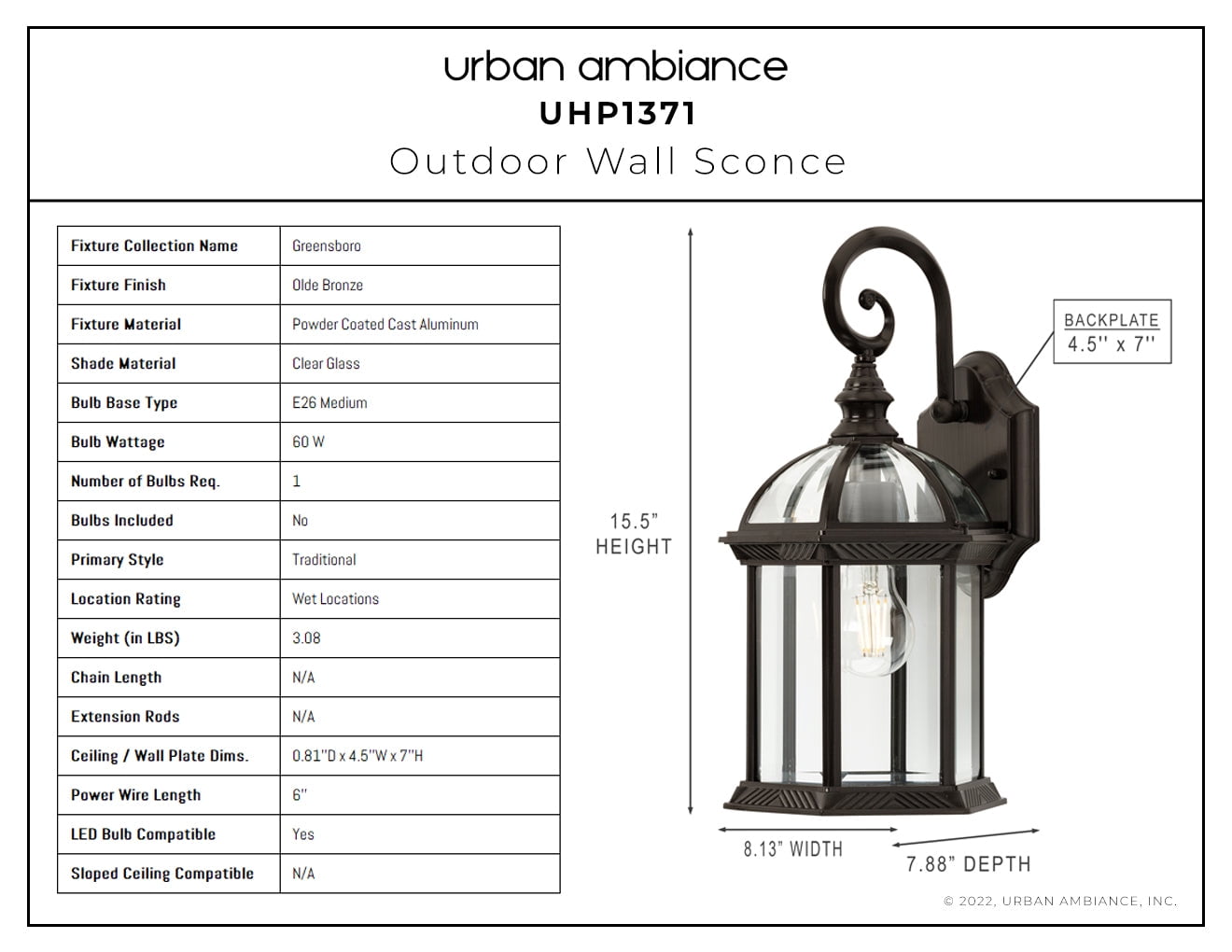 Luxury Transitional Wall Sconce, 15.5H x 8.125W, with Traditional Style, Olde Bronze, UHP1371 by Urban Ambiance