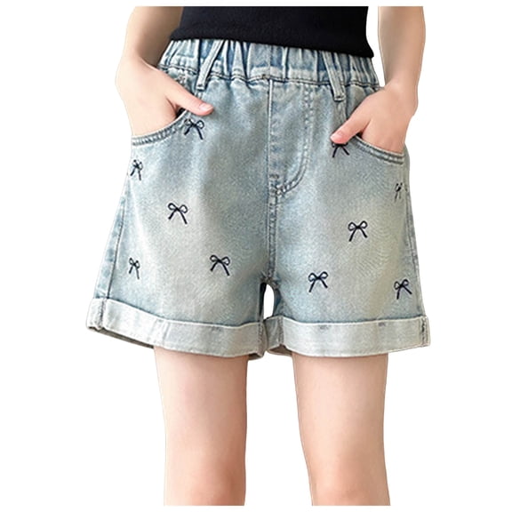 Shorts for Girls 9-10 Jean Shorts for Girls Y2k Baggy High Elastic Waisted Cute Bow Embroidery Summer Teens Denim Shorts 13-16Y