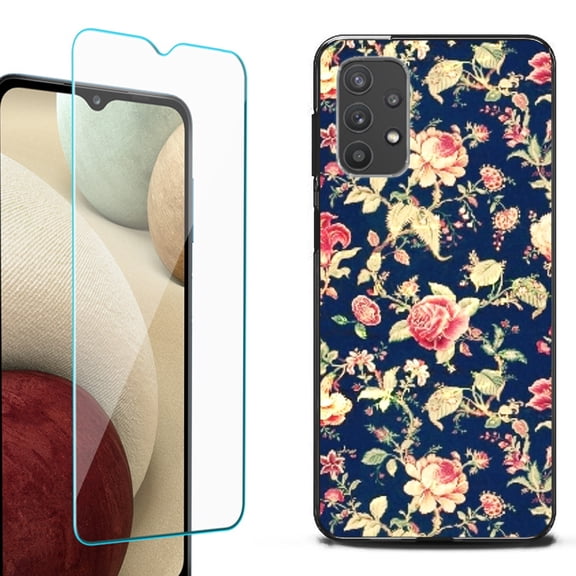 Slim-Fit Flexible TPU Gel Phone Case (black) for Samsung Galaxy A32 5G, with Tempered Glass Screen Protector, by OneToughShield ® - Floral Garden