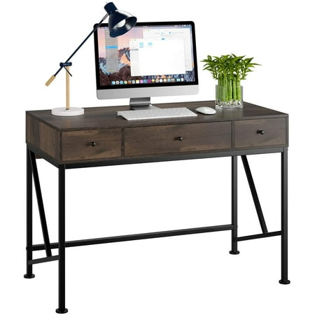 Homfa Computer Desk with 3 Drawers, 42" Wood Writing Desk for Home Office, Modern Simple Style Laptop Study Table, Makeup Vanity Console Table, Metal Frame, Easy Assembly, Dark Brown