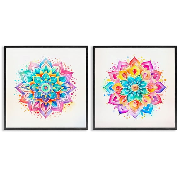Stupell Industries Bright Boho Mandalas Abstract Painting Black Framed Art Print Wall Art, 12 x 12, Set of 2